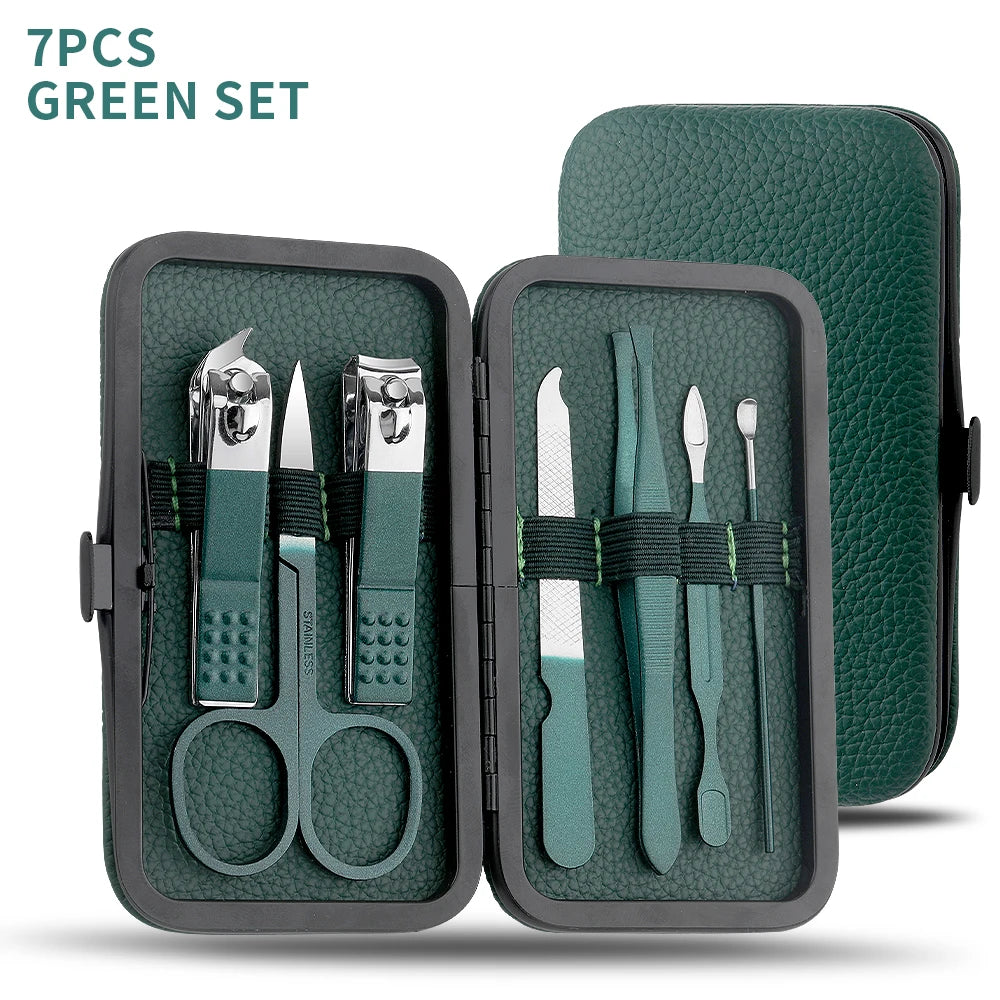 Green 7/13/24 pcs Stainless Steel Nail Cutter and Pedicure Scissors Set - Portable Manicure and Pedicure Tool Nail Clipper Set