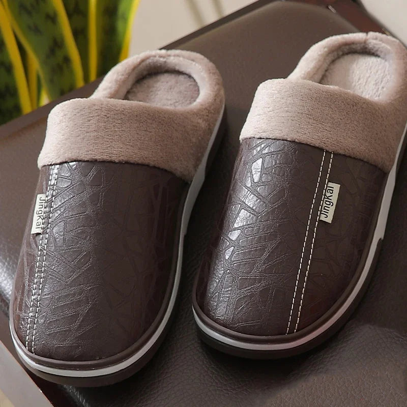 New Fashion Winter Warm Men's Plush slippers Non-slip PU Leather Upper Babouche Waterproof Slides Leisure Male Home Cotton shoes