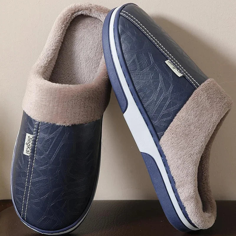 New Fashion Winter Warm Men's Plush slippers Non-slip PU Leather Upper Babouche Waterproof Slides Leisure Male Home Cotton shoes