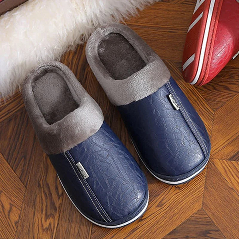 New Fashion Winter Warm Men's Plush slippers Non-slip PU Leather Upper Babouche Waterproof Slides Leisure Male Home Cotton shoes