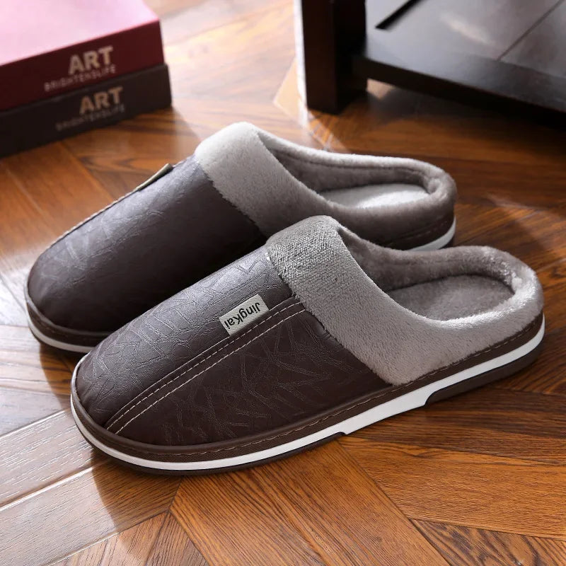 New Fashion Winter Warm Men's Plush slippers Non-slip PU Leather Upper Babouche Waterproof Slides Leisure Male Home Cotton shoes